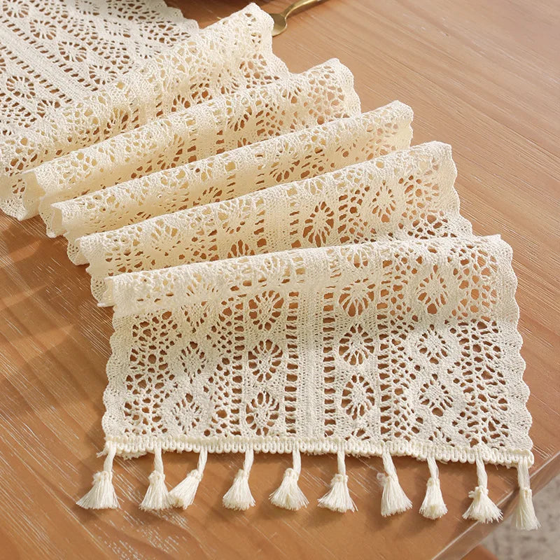 Lace table runner vintage style crochet pom-poms