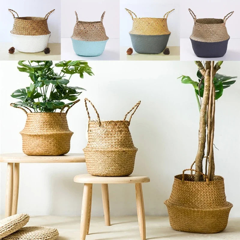 Folding rattan storage baskets with handle for various uses - view 2