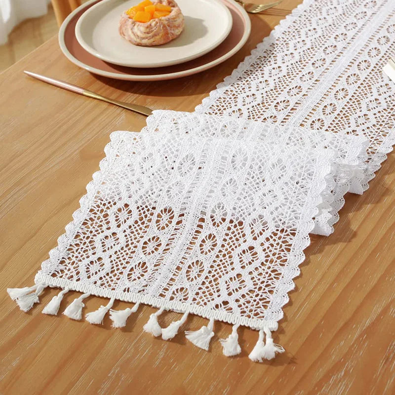 Vintage beige table runner lace crochet pom-poms - 24x100cm