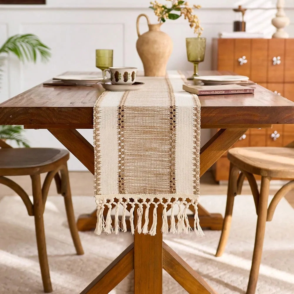 Green striped table runner bohemian pom-poms - view 2