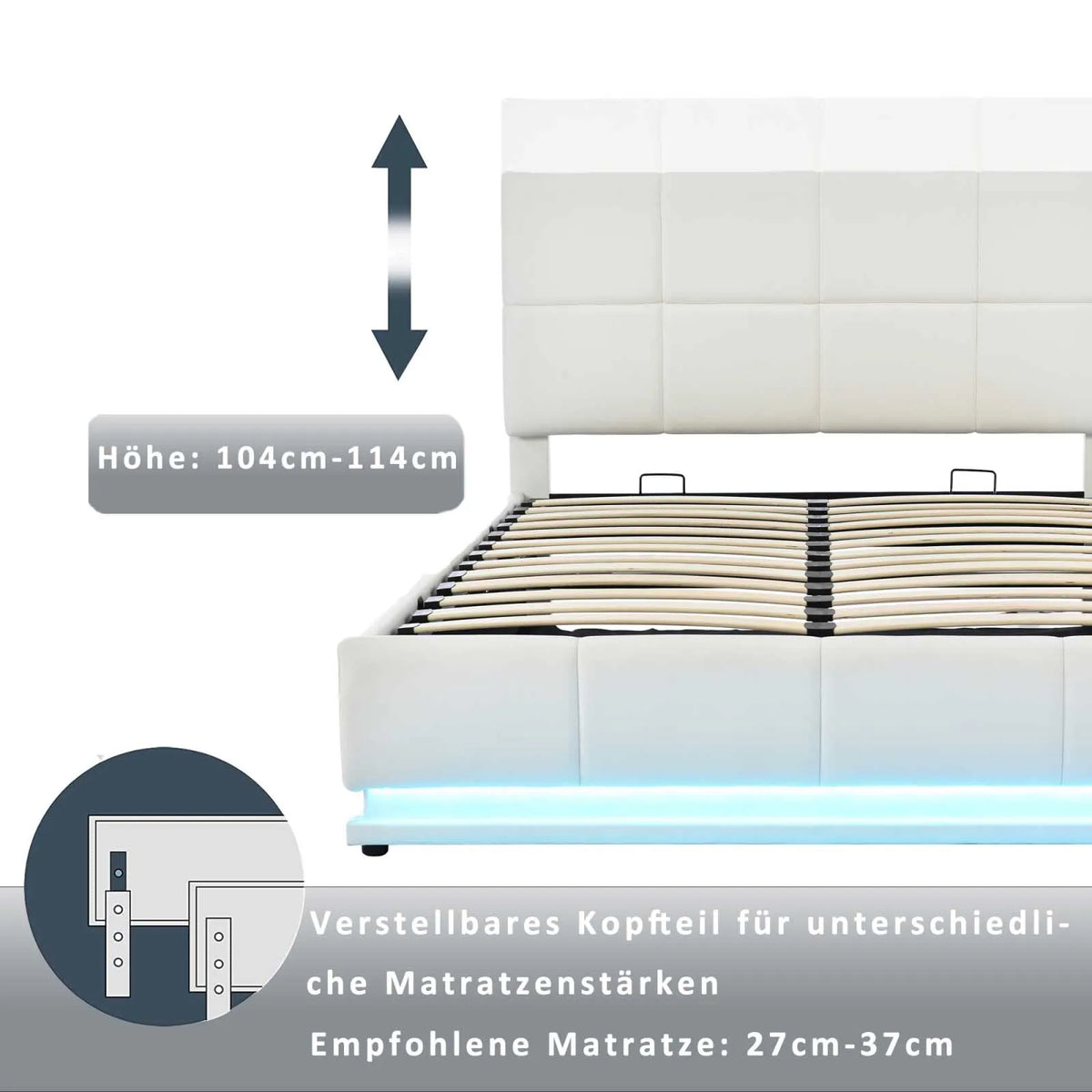 PU Leather White Upholstered Bed 140x200cm Double Bed with LED Lighting Underbed Storage Space, Bed Frame with Slatted Frame - view 4