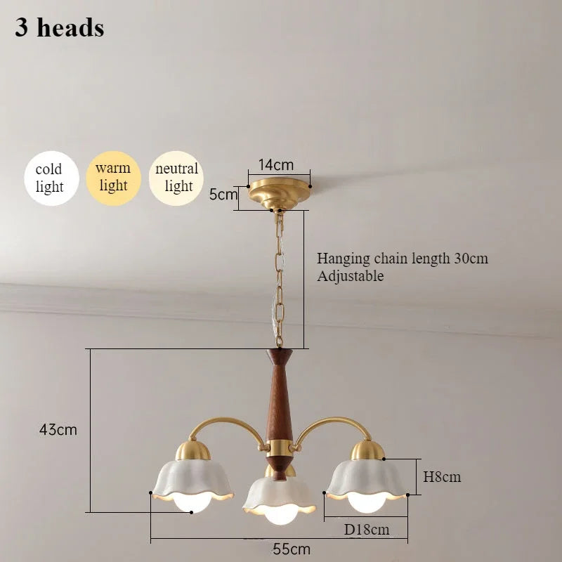 Modern chandelier in ceramic flower for contemporary interior - 3 Heads / 3 couleurs