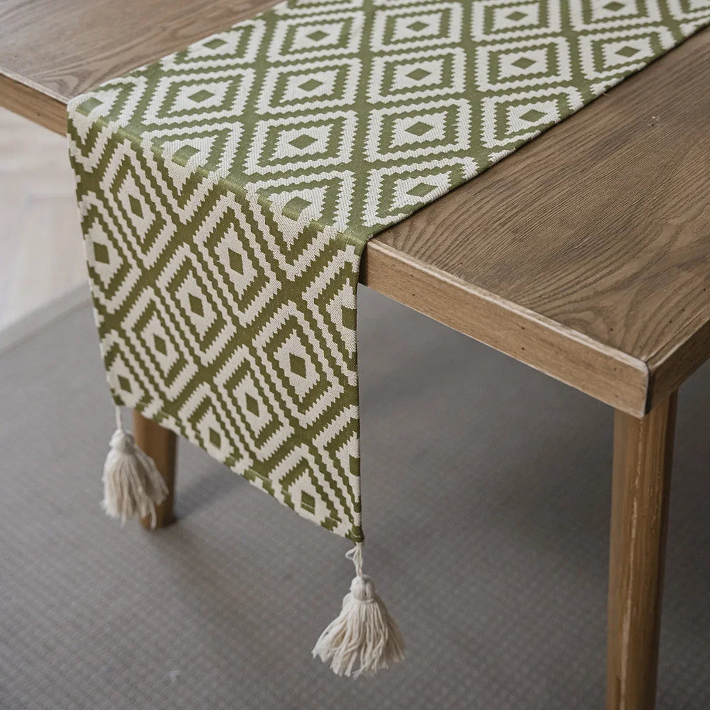 Contemporary Beige and Black Geometric Table Runner with Pom-Poms - Meal mat-30cm