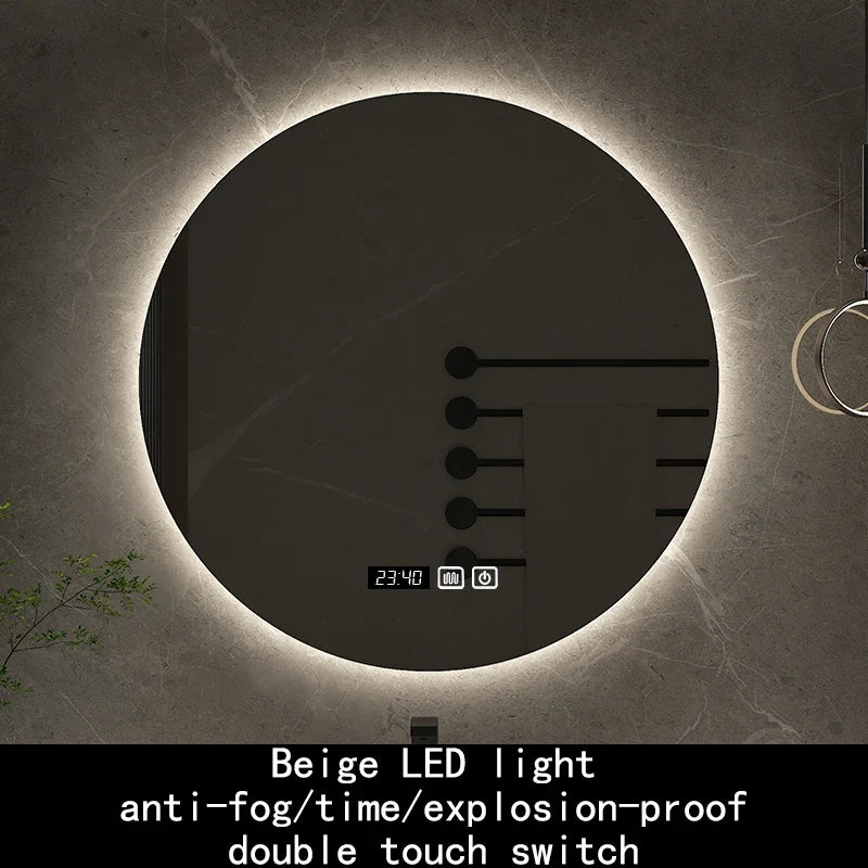 Smart Bluetooth Round Backlit Anti-Fog Mirror - Time Display Beige
