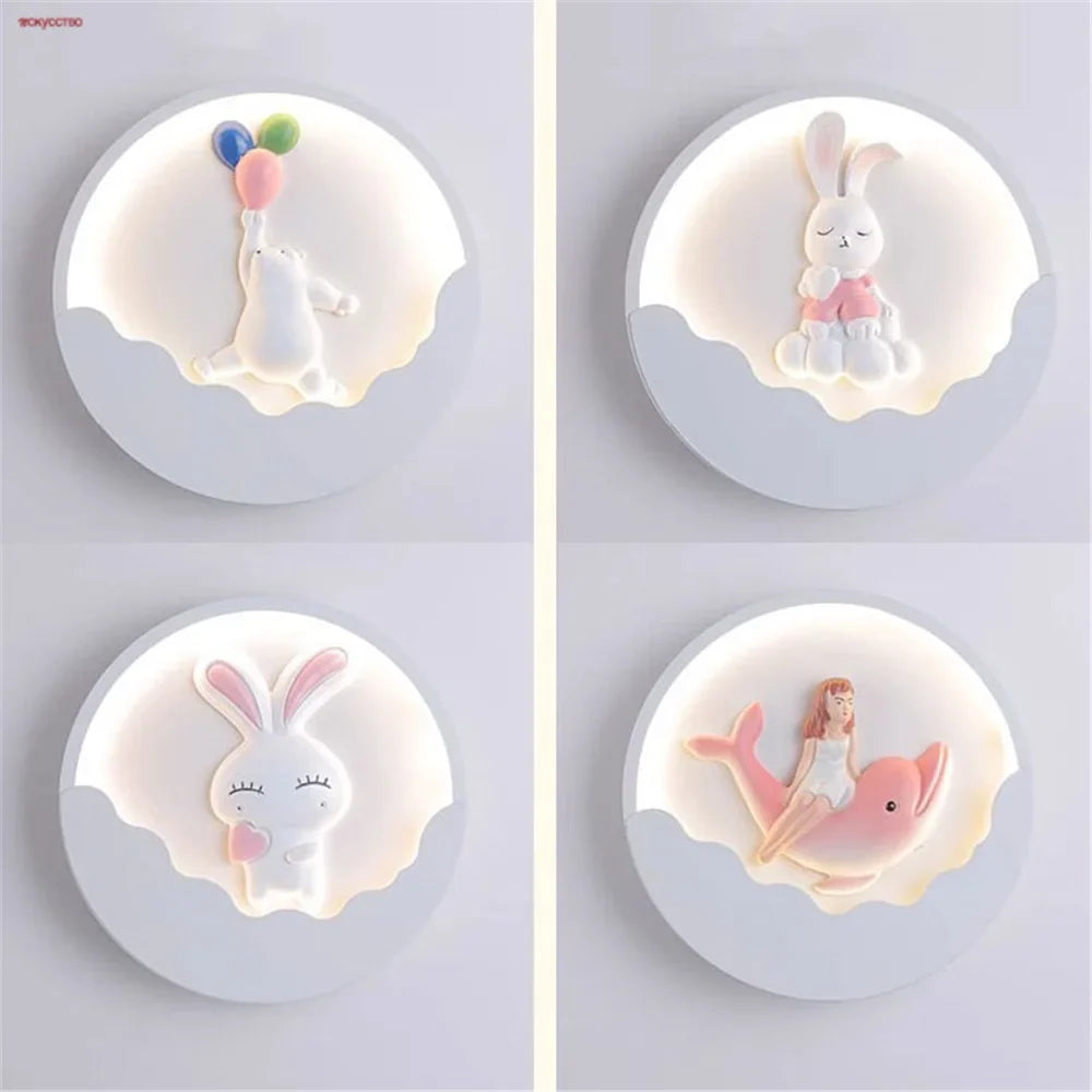 Round wall sconce led bear and rabbit for children