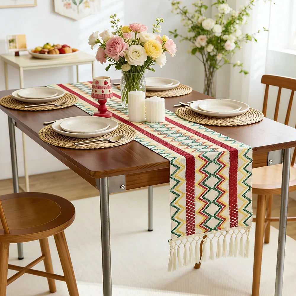 Bohemian table runner Aztec patterns beige pom-poms - 30x50 placemat