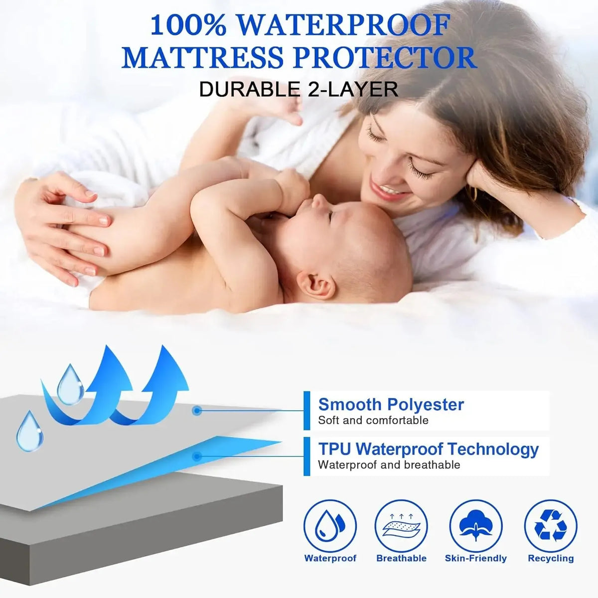 Safe Waterproof Mattress Protector, Soft Comfortable Breathable Solid Color Bedding Mattress Cover Fitted, Machine Washable - view 4