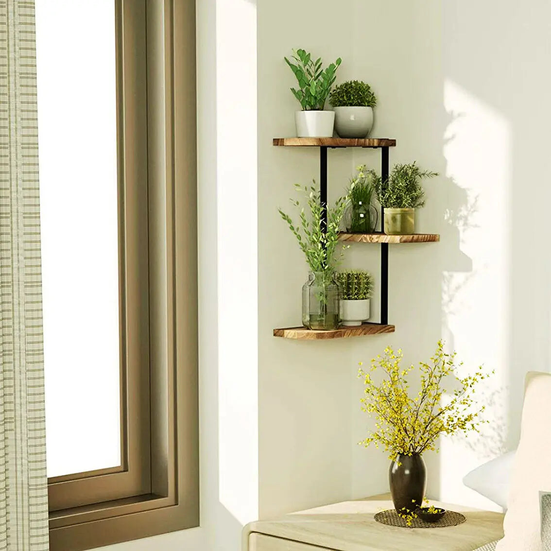 Three-level rustic wooden corner wall shelf - view 3