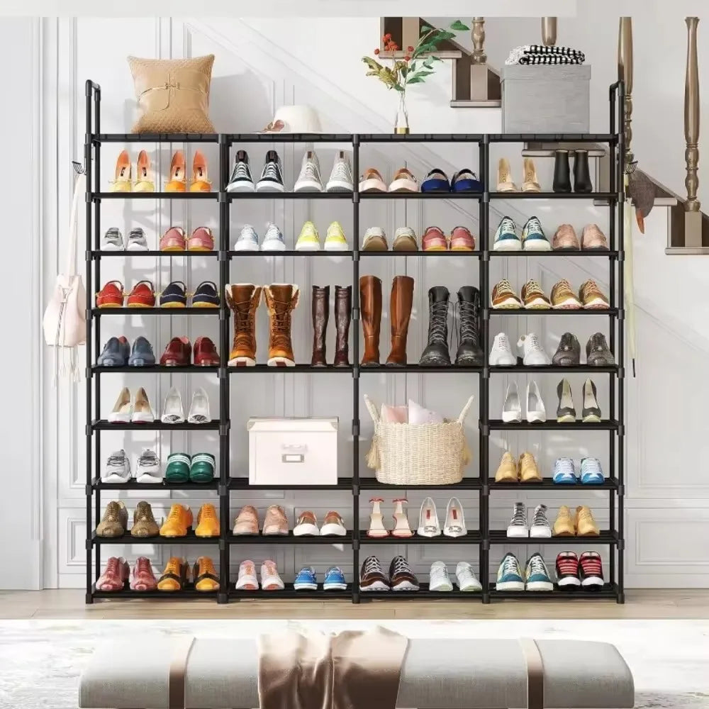 Metal shoe shelf with coat holder and integrated hooks - view 3