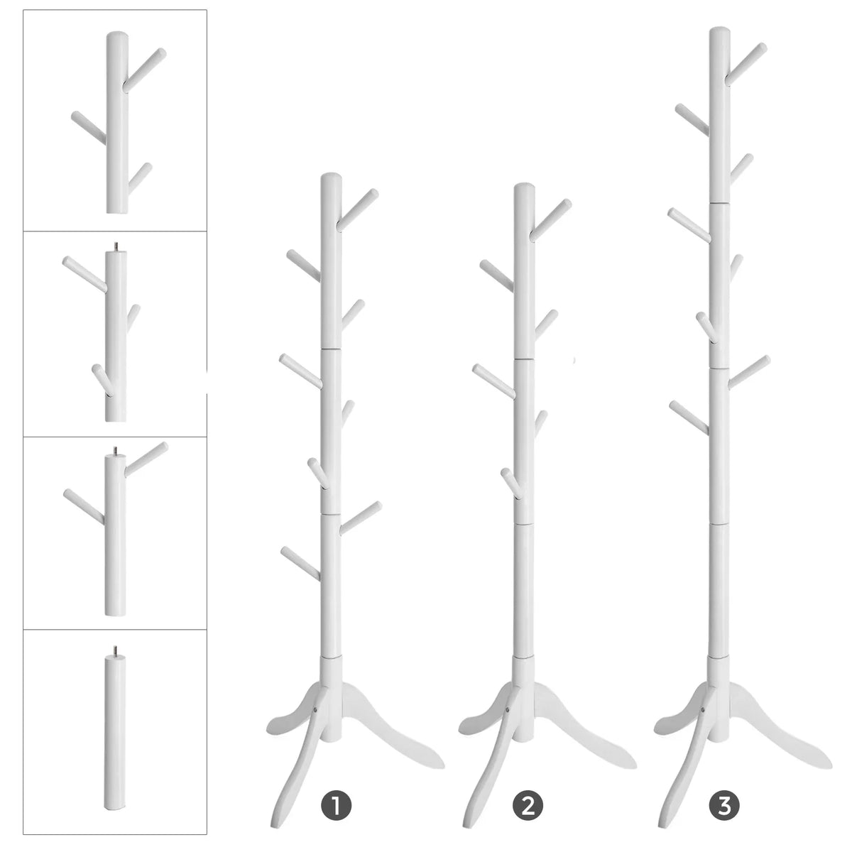 White Tree-Shaped Wooden Coat Rack with 8 Hooks and 3 Heights - view 2