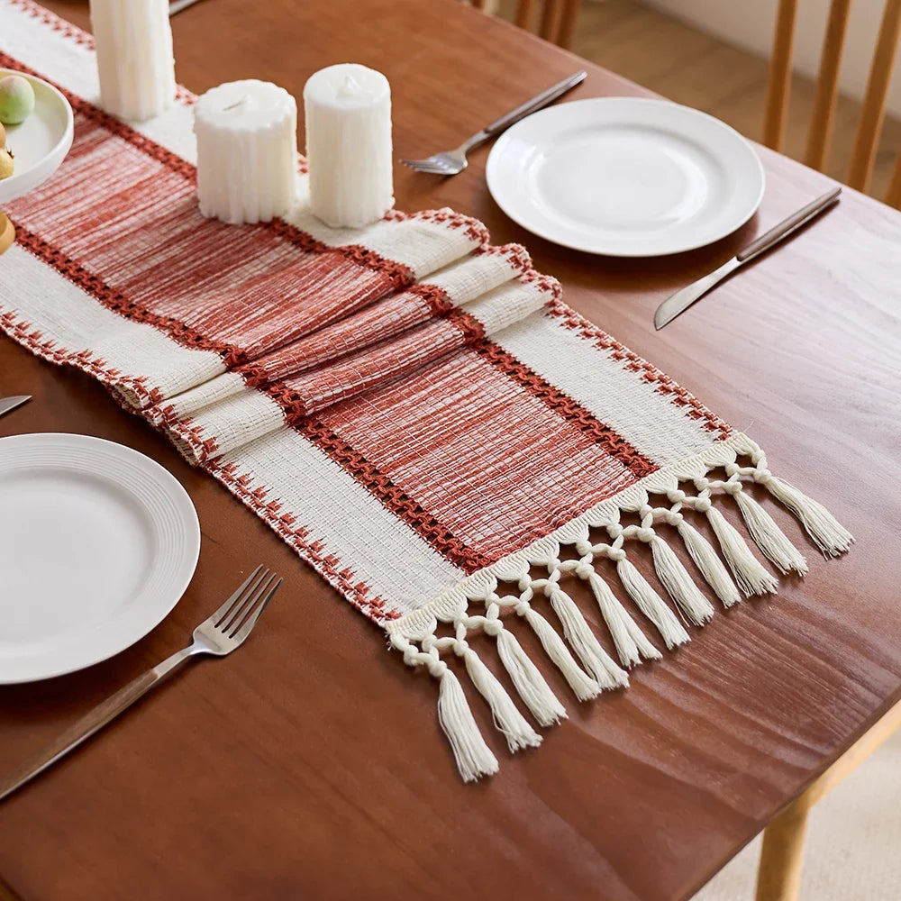 Bohemian Red and Beige Striped Table Runner with Pom-Poms, Style One - view 7