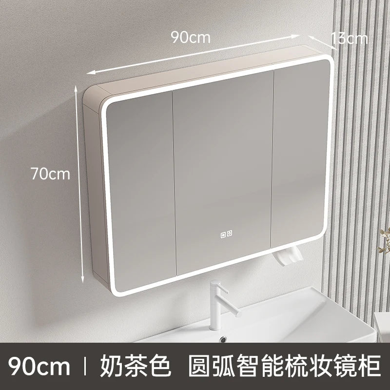 Circular aluminum cabinet with intelligent lighting mirror and storage - 90cm
