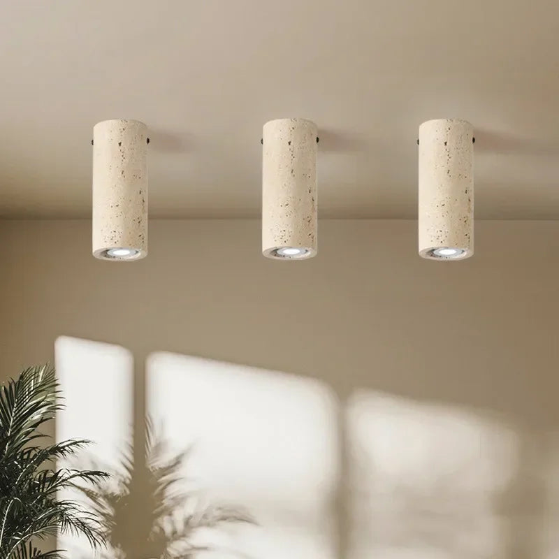 Light yellow travertine cylindrical ceiling lamp with surface mounting
