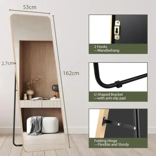 Wall-Mounted Full Length Mirror 162x53cm, Black or Gold - Gold Round angle