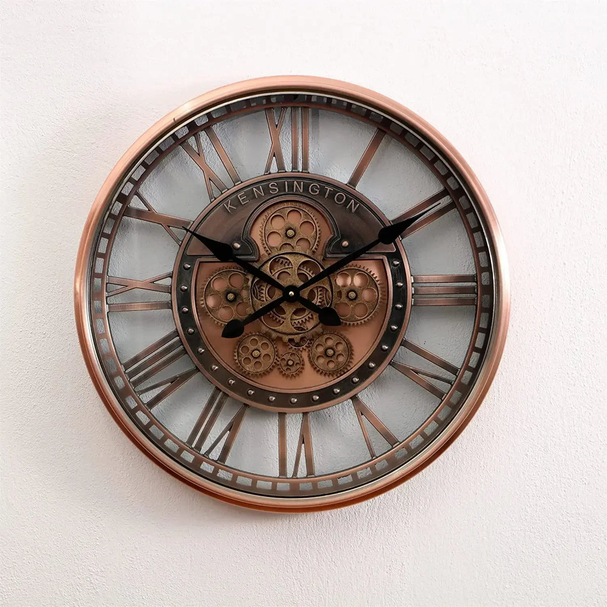 Industrial metal wall clock with decorative movable gears - Roman Copper