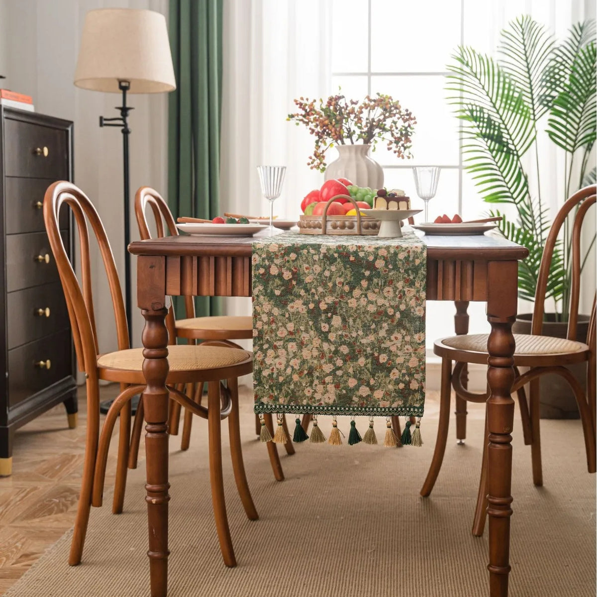 Green table runner country floral pattern pom-poms - view 4