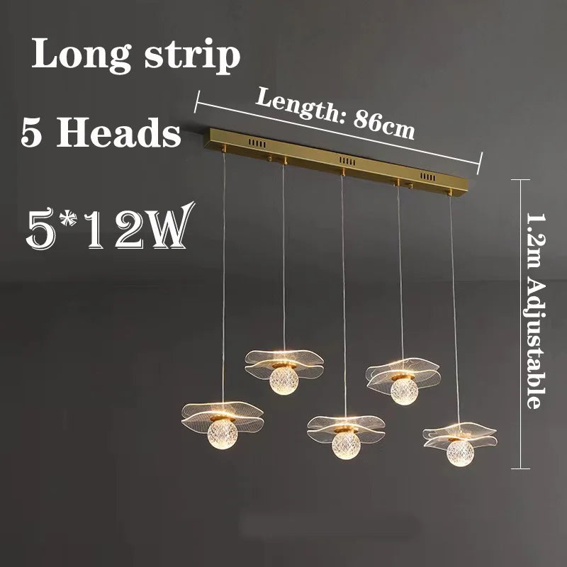 Modern pendant light in the shape of a customizable crystal lotus sheet - Long strips 5 Head / 3 color light