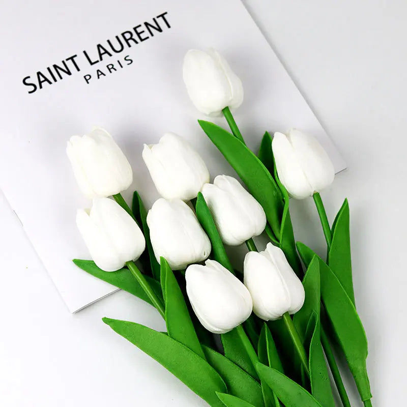 5 Bundles Vibrant Real Touch Artificial Tulips -Faux Flowers - &Home Accent - Weddings,Mother's Day,Valentine's Day - White 5flowers