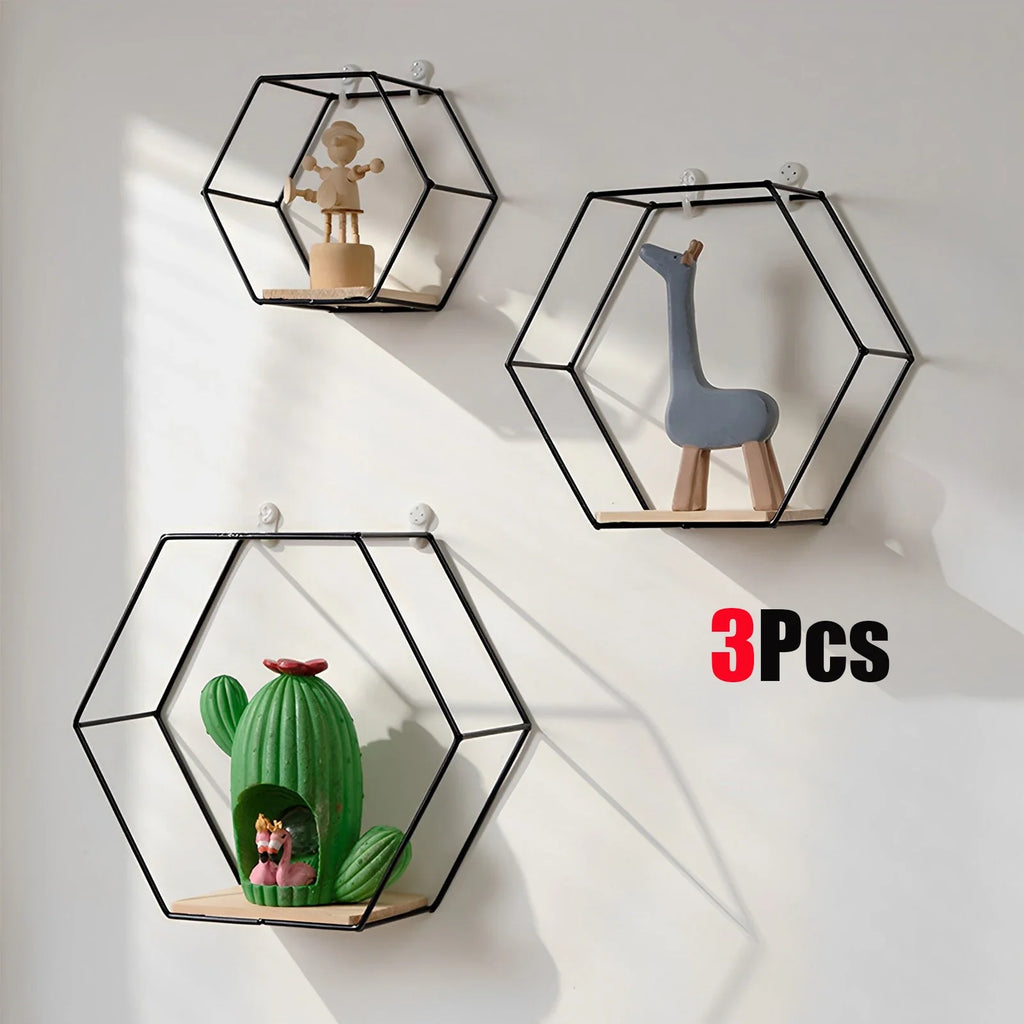 Set of 3 hexagonal floating wall shelves for home decoration