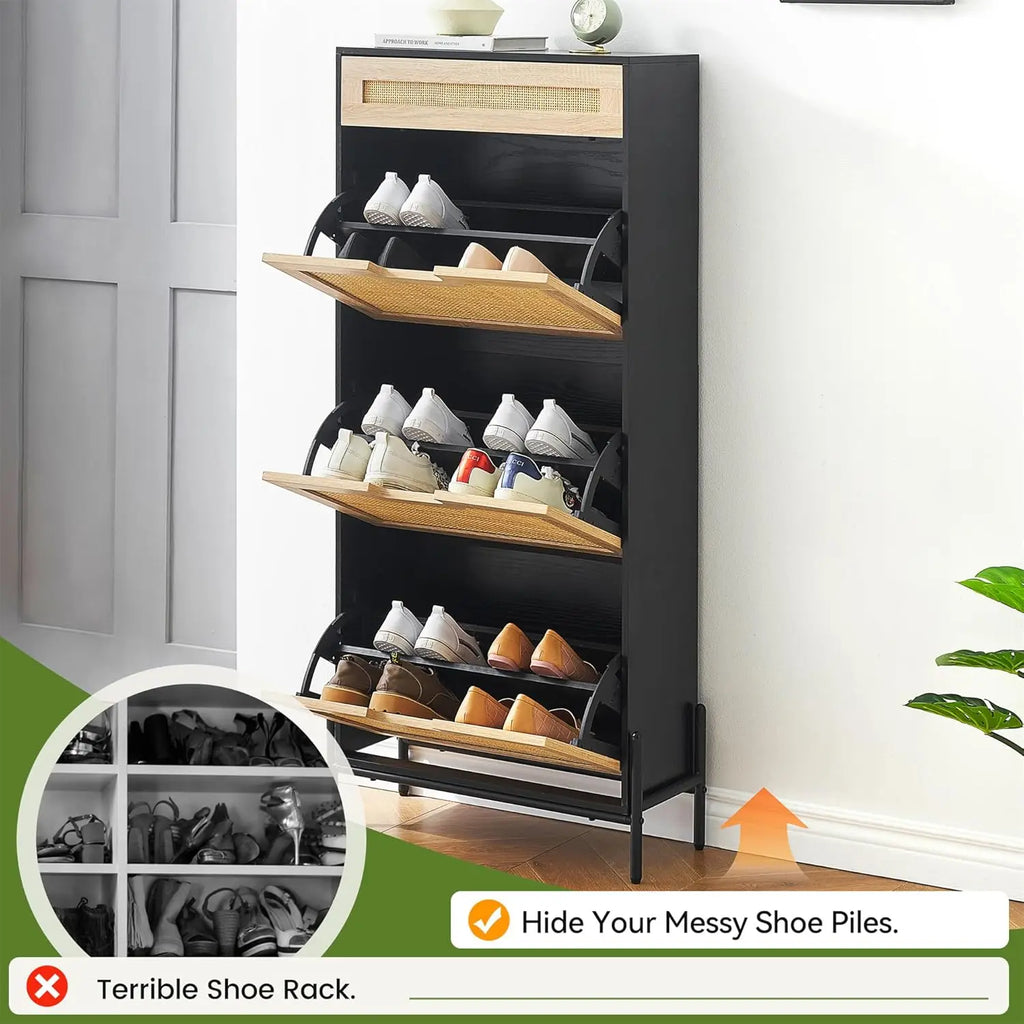 Natural Rattan Storage Cabinet with 2 Flip Door 1 Drawer Freestanding Entrance Shoe Cabinet, Modern Narrow Entry Way Cabinet