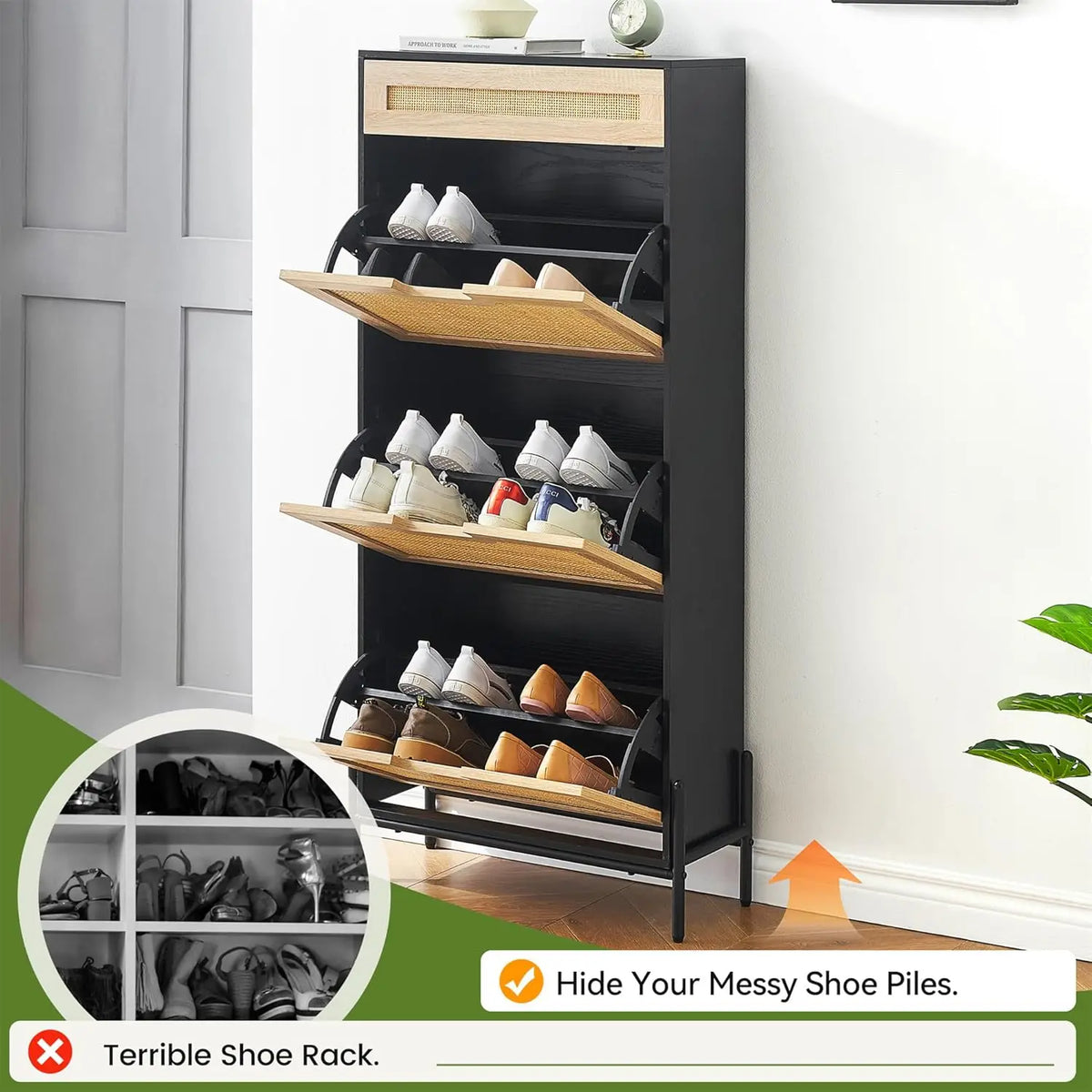 Natural Rattan Storage Cabinet with 2 Flip Door 1 Drawer Freestanding Entrance Shoe Cabinet, Modern Narrow Entry Way Cabinet