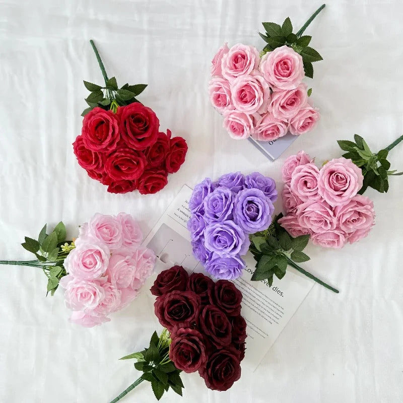 Artificial Silk Rose Bouquet with Plastic Stem, Purple Heart Tones