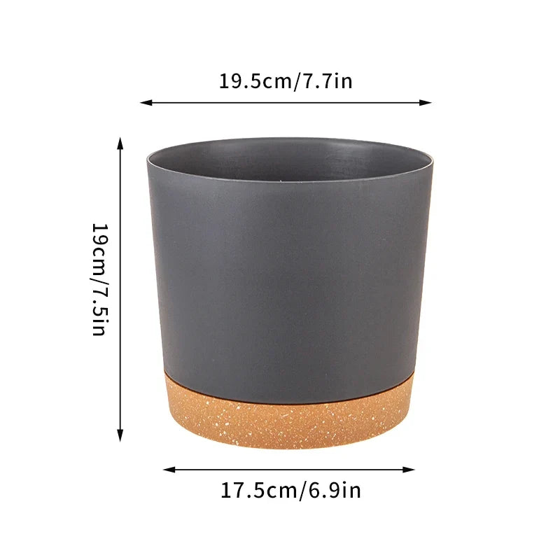Large plastic circular pot for indoor plants with drainage and tray - Black-8 inches