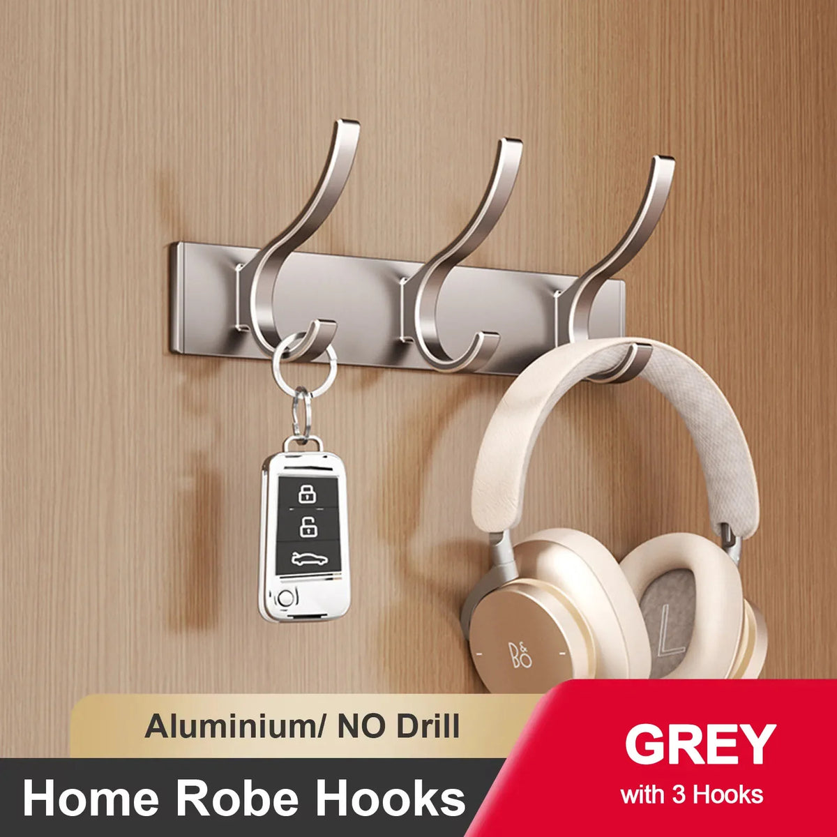 Wall adhesive hook for clothes and towels without drilling - Gray 3 Hooks
