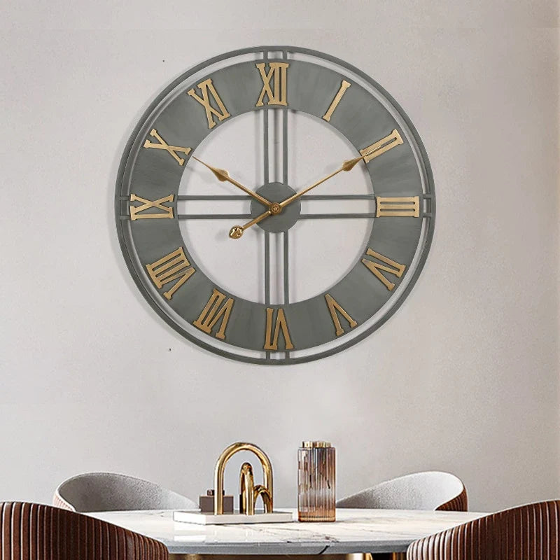 Modern 3D retro wall clock with Roman numerals in silent metal - view 3