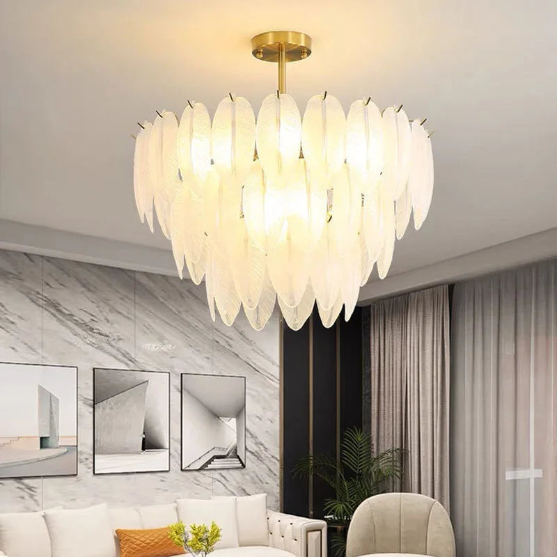 Romantic pendant light in glass and feathers design modern minimalist