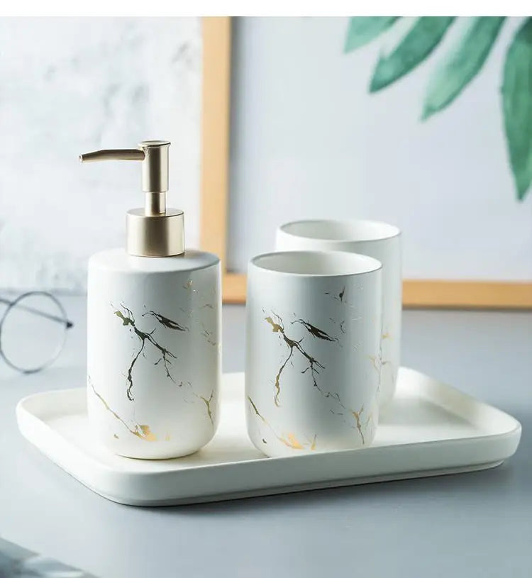 Black Marbled Bathroom Accessories Set, Ceramic Soap Dispenser, Toothbrush Holder, Box, Decoration - view 5