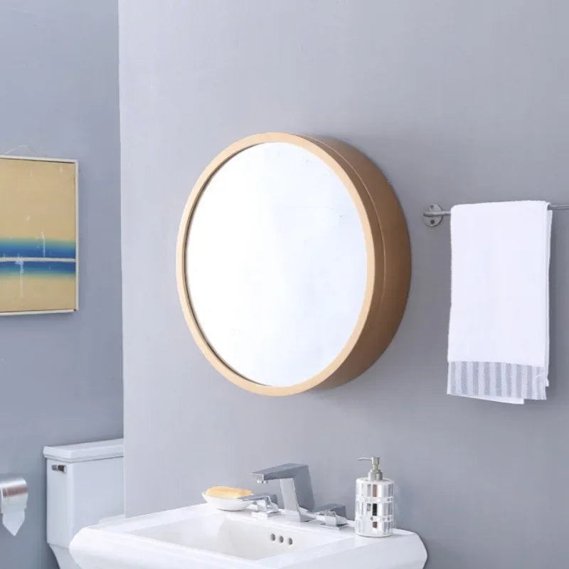Wall storage cabinet with round decorative mirror - Newspaper Color / Diameter 60CM