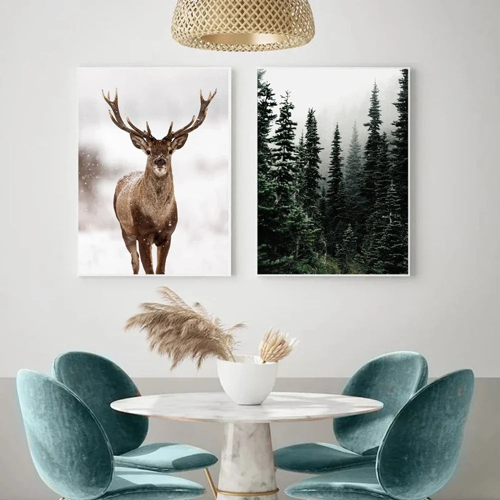 Winter forest deer owl landscape northern wall art - view 6