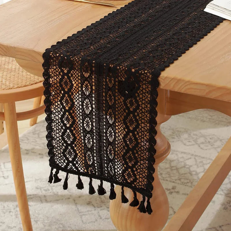 Beige table runner crochet vintage lace pom-poms - 24x100cm