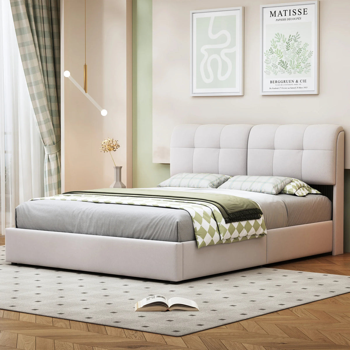 Double Bed with Storage Space,Upholstered Bed 140/160 x 200cm,Headboard with LED Lighting and USB Port,No Mattress,Velvet Beige - view 4