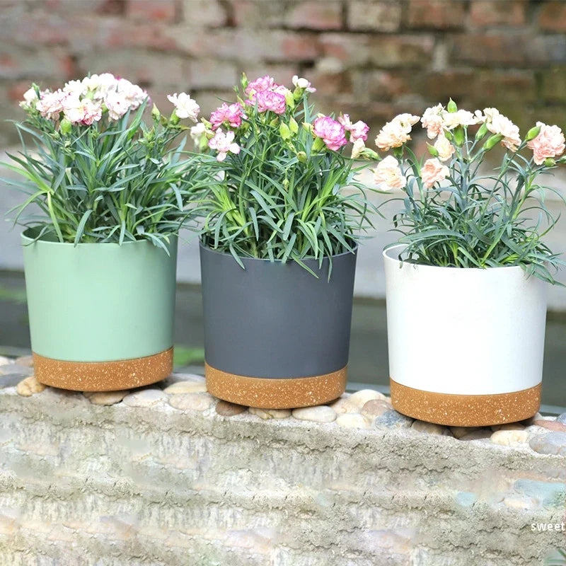 Large plastic circular pot for indoor plants with drainage and tray - view 2