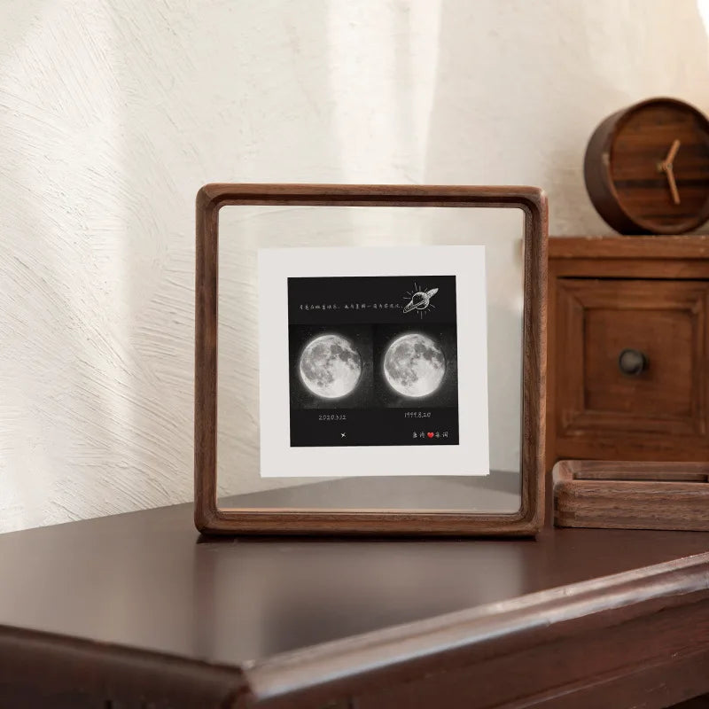 Double-sided photo frame in wood and glass for interior decoration - Noyer / 13x13cm 5 inches