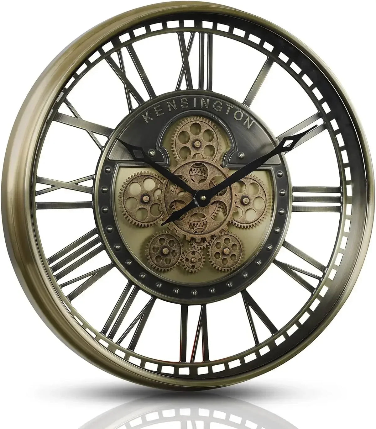 Industrial metal wall clock with decorative movable gears - Roman Gold Brass