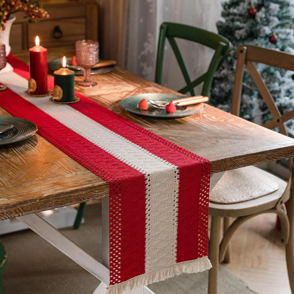 Beige Woven Geometric Bohemian Table Runner with Pom-Poms - 30X50cm