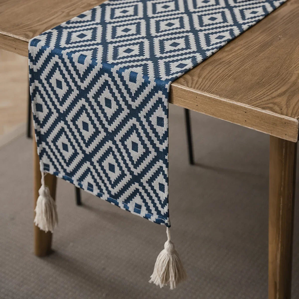 Geometrical table runner beige black bohemian pom-poms - Meal mat-30cm