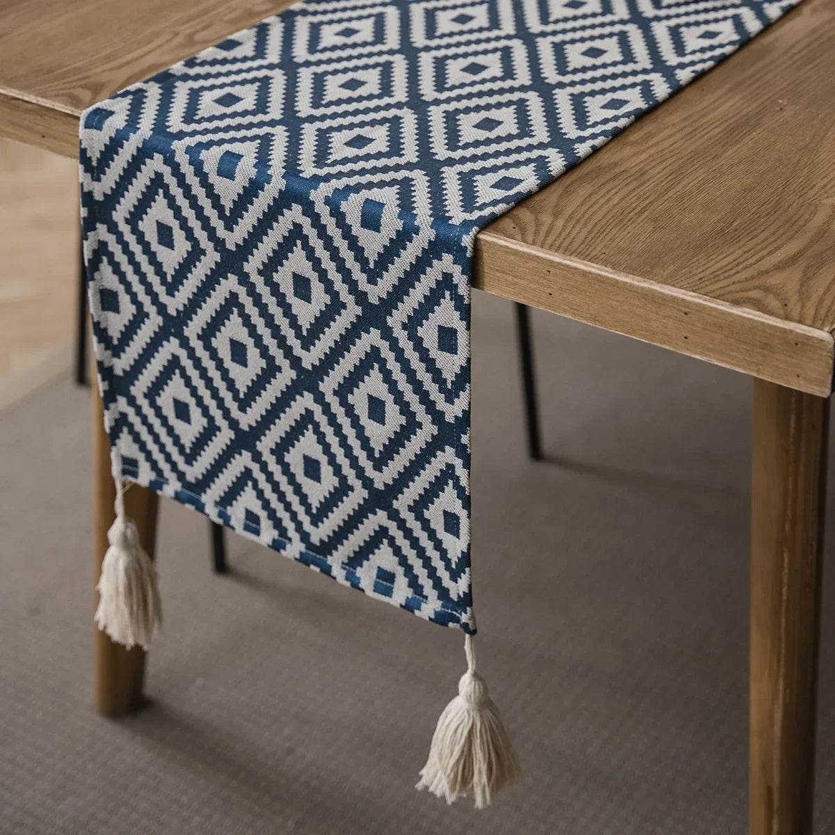 Geometrical table runner beige black bohemian pom-poms - Meal mat-30cm