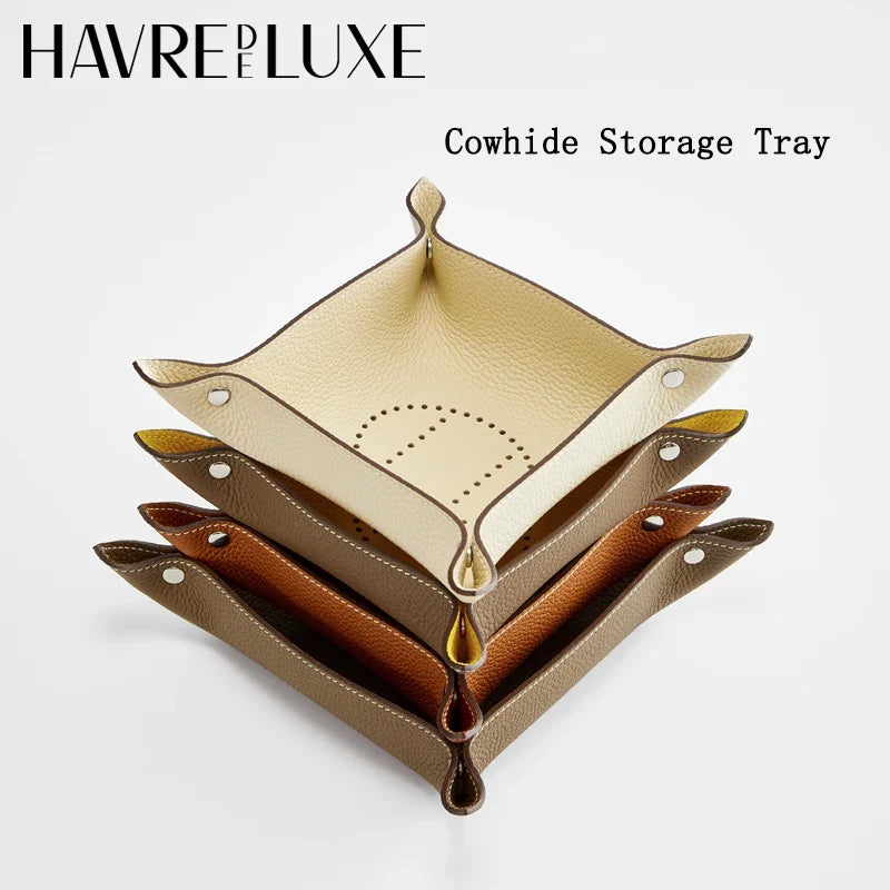 Folding leather storage tray for various objects