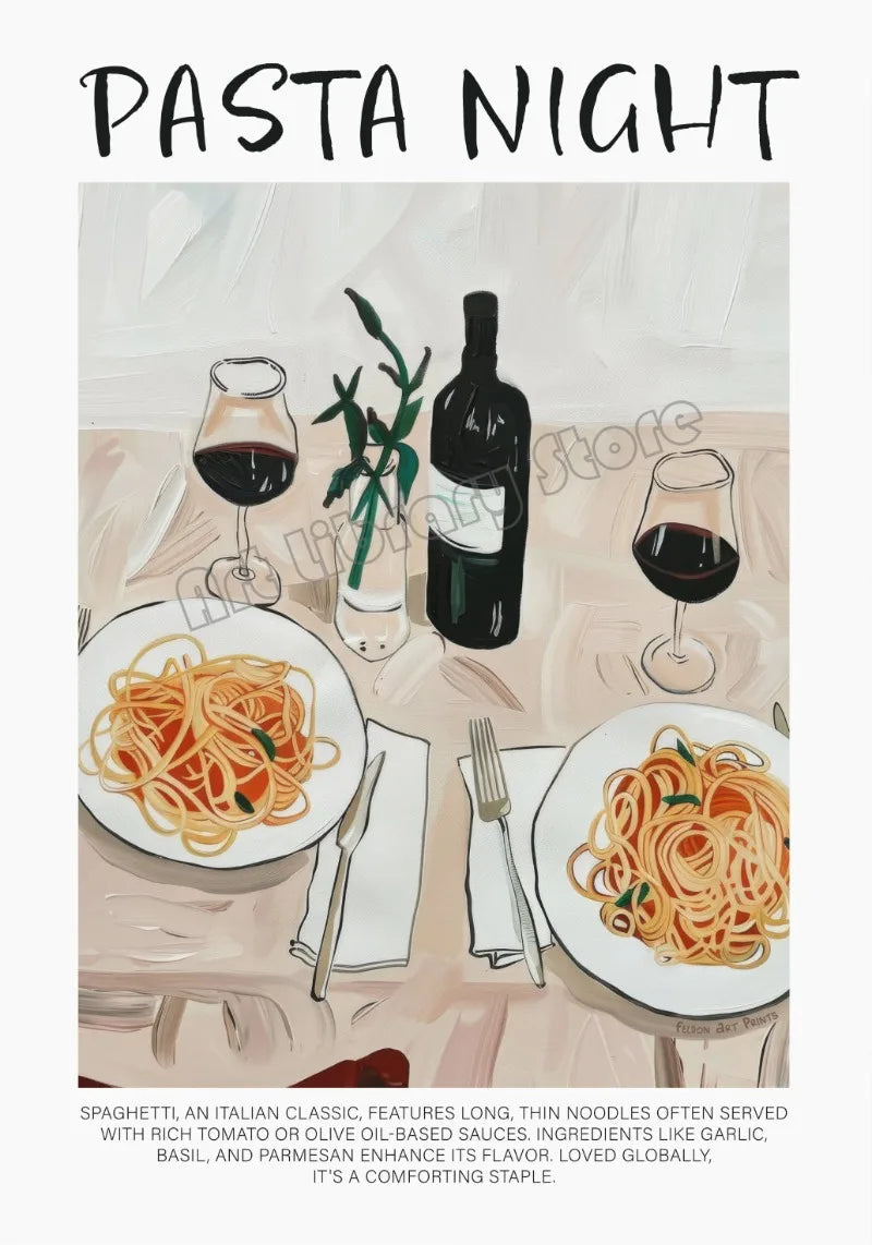 Vintage poster with spaghetti coffee and Mediterranean landscape