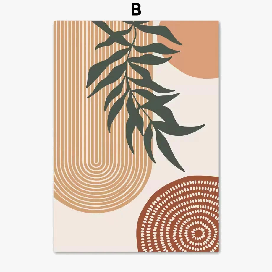 Boho abstract posters with sun leaves for wall decoration