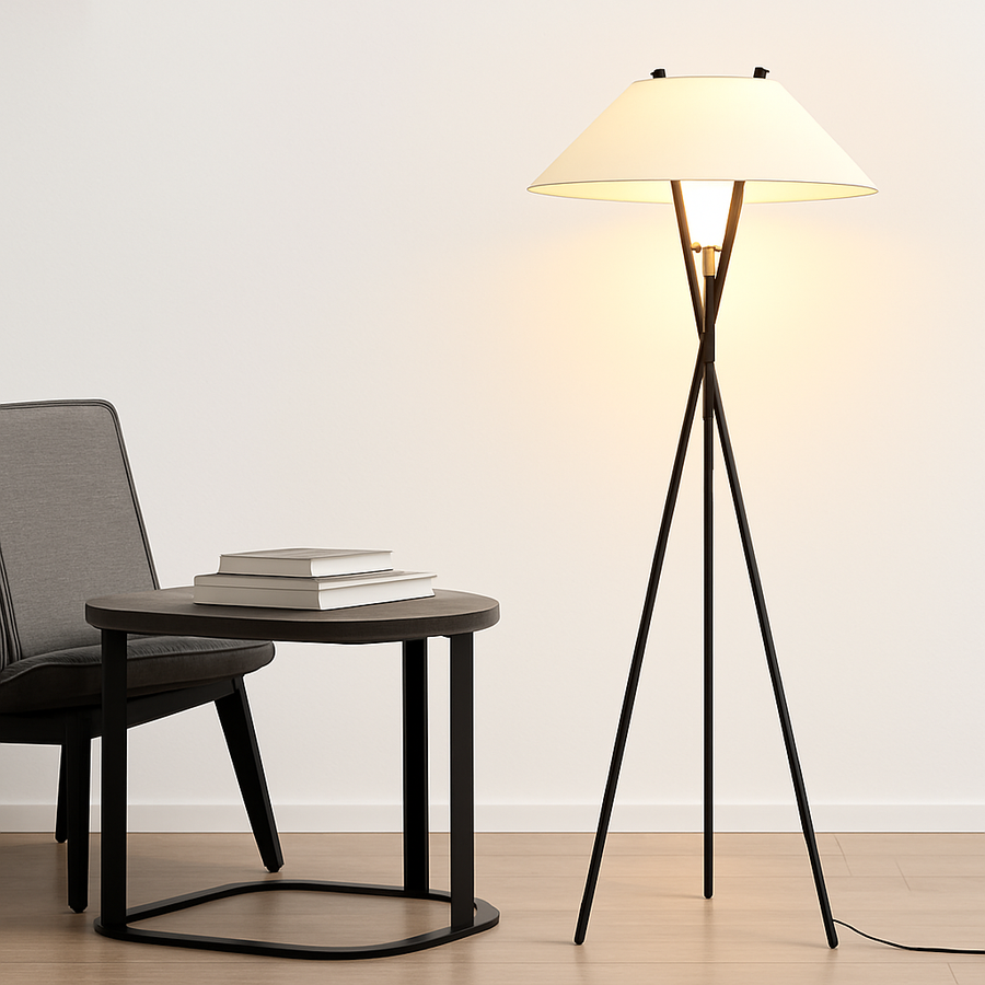 Tripod floor lamp beside a reading chair