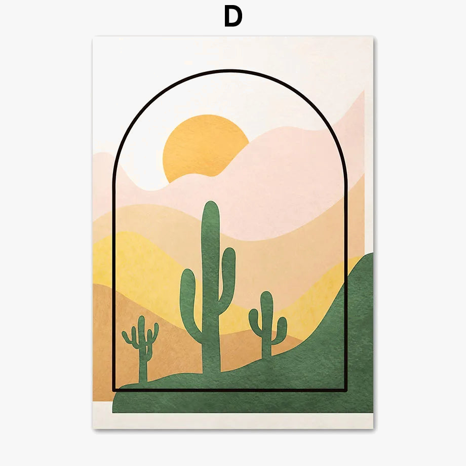 Abstract mural art cactus leaves geometric flowers boho decor