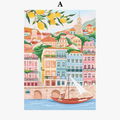 Retro wall art of coastal city with decorative boat