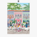 Retro coastal city wall art with decorative ship