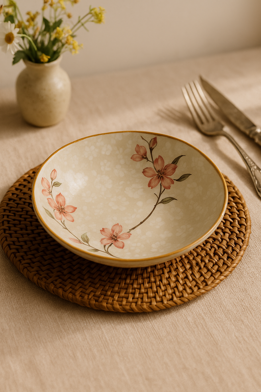 Japanese Floral Ceramic Plate, Round Deep Bowl Shape - view 2