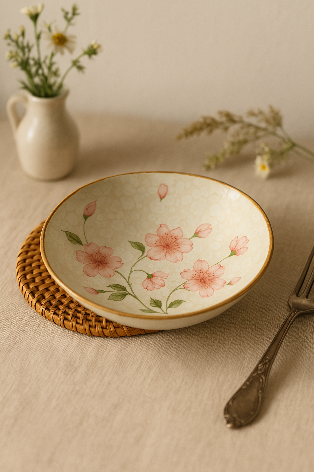 Japanese Ceramic Deep Bowl Plate with Floral Pattern - view 2
